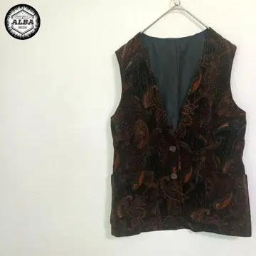 베스트 페이즐리 무늬 올 패턴 쇼와 레트로 빈티지 베스트 벨로아 블랙