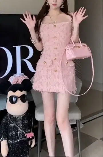 핑크 프릴 슬리브리스 미니 원피스