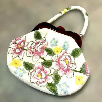 새상품급 비즈 백 가마구치 꽃 올 패턴 일본 의류 쇼와 레트로 빈티지