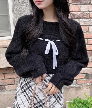 INGNI 페더 리브 데콜테 오픈 리본 니트 블랙