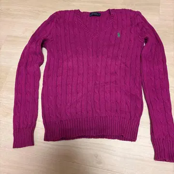 폴로 랄프 로렌 V넥 케이블 니트 스웨터 핑크