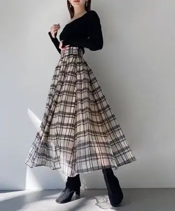 SNIDEL 시어 체크 볼륨 스커트