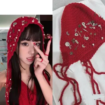 twice 크로셰 니트 모자 빨간색 모자