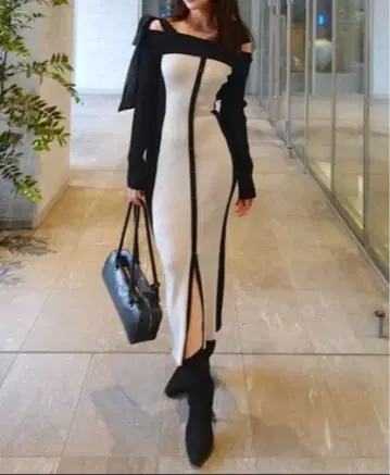 금일 한정 rienda 바이컬러 오프숄더 리본 니트 원피스