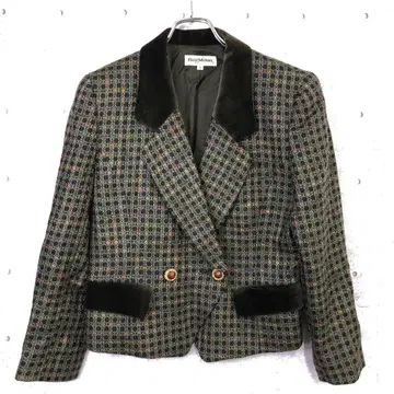 레트로 구제 의류 Bell Milan 벨로아 절개 체크 무늬 트위드 자켓