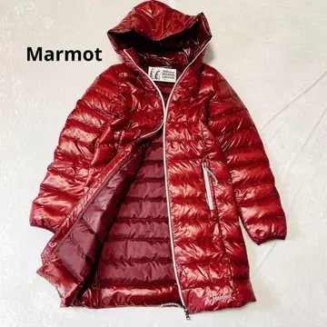 Marmot 빨간색 후드 부착 다운 코트 750 필 롱 더블 지퍼