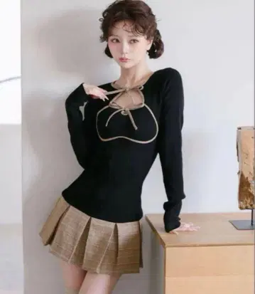 다리치 포인트 체크 니트 미니 원피스