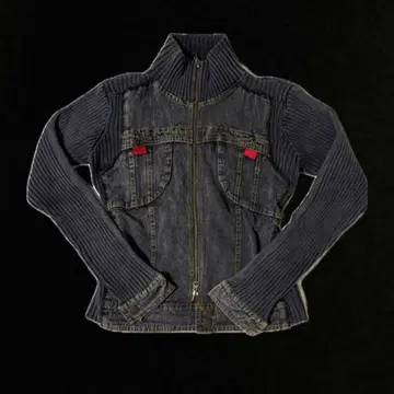 다크 그레이 데님 자켓 더블 지퍼 리브 니트 자켓