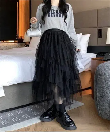 블랙 튤 프릴 롱 스커트