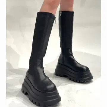 BLONDEY 블랙 가죽 통굽 트랙 밑창 롱 부츠