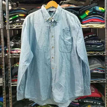 빈티지 USA 구제 의류 하드 록 호텔 로고 자수 데님 셔츠