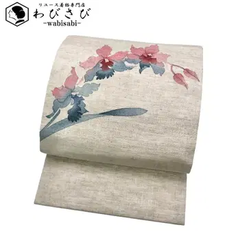 나고야 오비 작가물  손그림 꽃 무늬 미색 O-5708