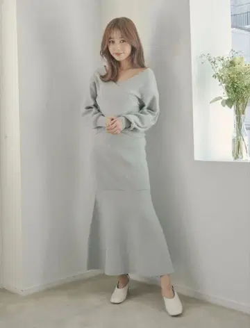 그레이 V넥 니트 롱 원피스