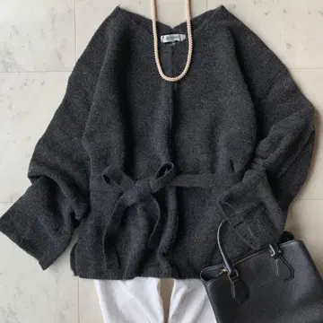 택 포함 나노 유니버스 벨트 포함 와이드 슬리브 V 니트 루즈핏 차콜