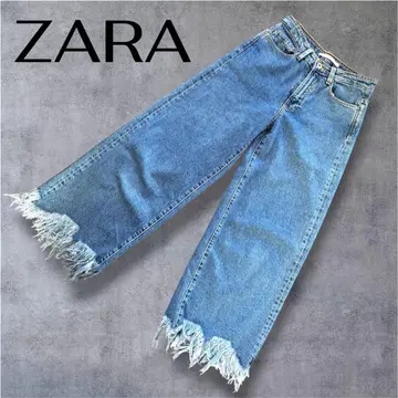 [ 새상품급 ] ZARA 자라 프린지 헤 와이드 데님 라이트 블루 데미지