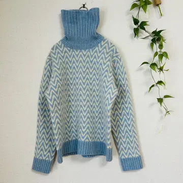 PINIOV 터틀넥 니트 M 헤링본 무늬 울 95% 레트로