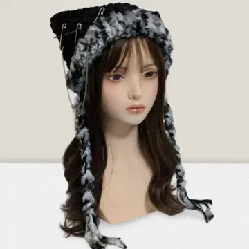 체인 달린 핸드메이드 고양이 귀 니트 모자 복슬복슬 블랙 y2k 그런지