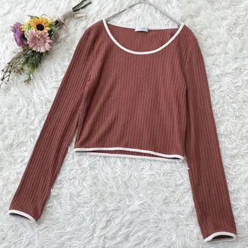 [투 핑크] 면 혼방 리브 티셔츠 긴팔 크롭 T셔츠 브라운 L