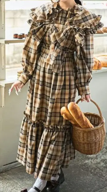 쿠틸과 레트로 리본 뷔스티에 set 체크 오버롤 스커트 브라운 L