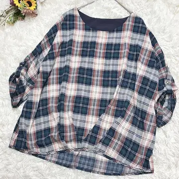 알파벳 [ F ] 5부 소매 튜닉 체크 무늬 네이비 계열