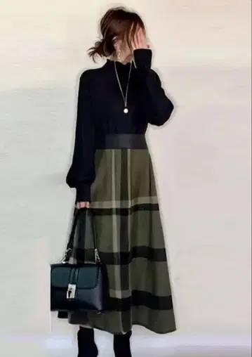 새상품 도킹 원피스 니트 원피스 볼륨 소매 L 체크 무늬 긴팔