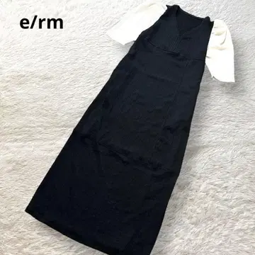 e/rm 텍스처 퍼프 V넥 드레스 5부 소매 롱 원피스 배색 블랙 F