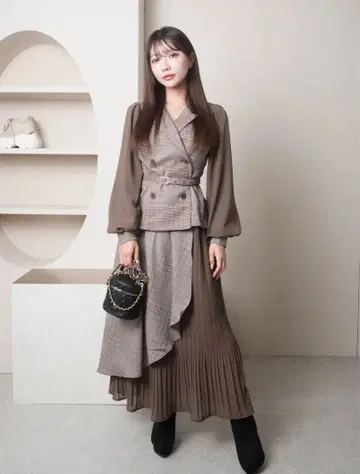 브라운 더블 브레스트 자켓 스타일 롱 원피스