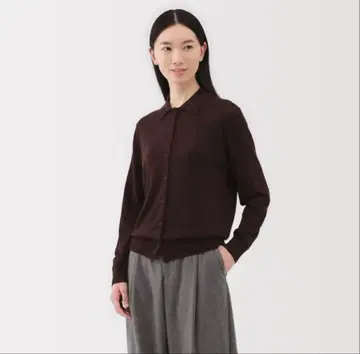 무인양품 여성 세탁 가능한 울 하이 게이지 폴로 가디건 다크 브라운 L