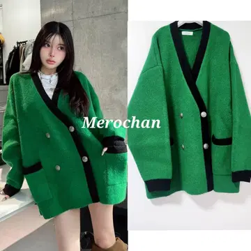 다리치 파이핑 오버 니트 가디건 그린 새상품급