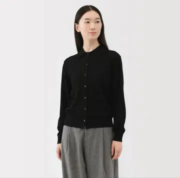 무인양품 여성 세탁 가능한 울 하이 게이지 폴로 가디건 블랙 L