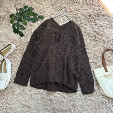 4063 도나마리 케이블 짜임 니트 [ 38 ] 브라운/V넥/내추럴