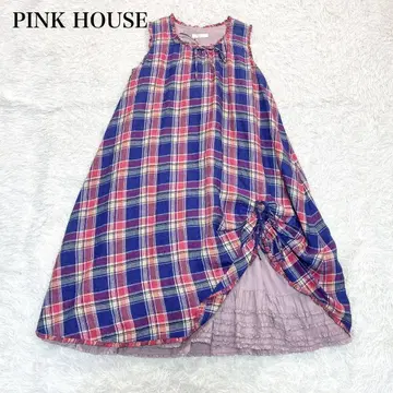 핑크하우스 마드라스 체크 원피스 린넨 프릴 티어드