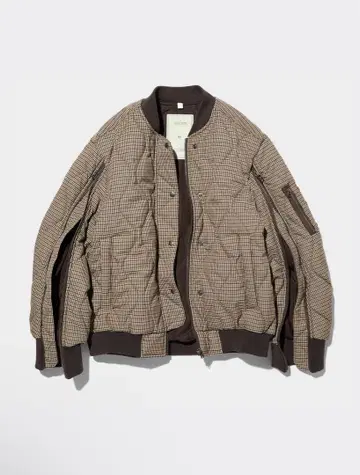 GU x rokh 브라운 계열 체크 퀼팅 블루종 자켓