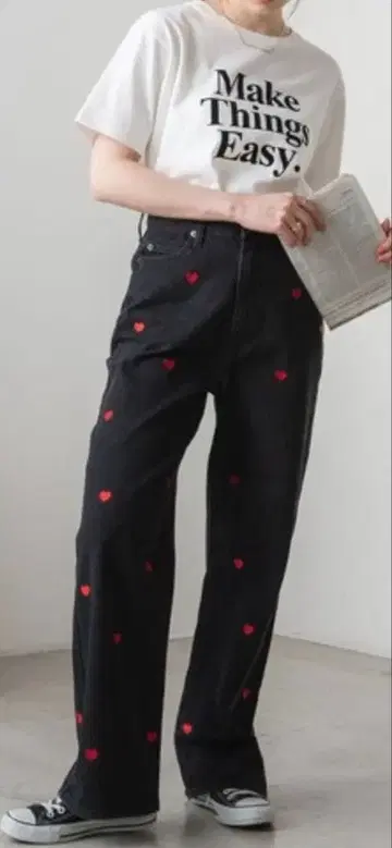 WEGO 자수 데님 팬츠 하트 무늬 S 사이즈