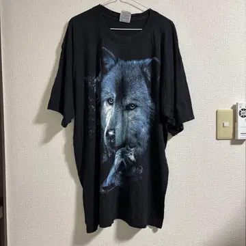90s 구제 의류 USA XL 블랙 늑대 그래픽 T셔츠