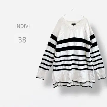 [ INDIVI ] 캐시미어 블렌드 V넥 니트 보더 오버 사이즈