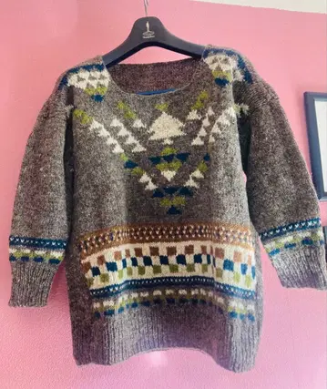 기하학 패턴 울 혼방 긴팔 니트 스웨터