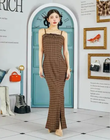 Darich 가죽 리본 체크 롱 원피스