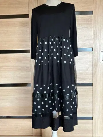 블랙 화이트 물방울 패턴 긴팔 원피스