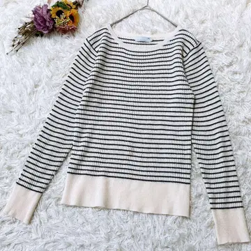 [세븐 데이즈 선데이] 긴팔 리브 니트 스트라이프 보더 화이트 M