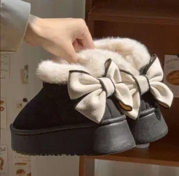 어그 부츠 빅 리본 & 퍼 통굽 숏 기장 보아 부츠