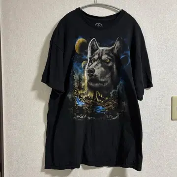00s USA 구제 의류 늑대 그래픽 프린트 T셔츠 XL 블랙