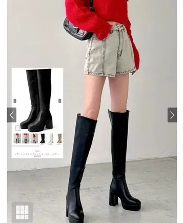 미사용 새상품 GRL 가죽 백 슬릿 청키힐 니하이 부츠