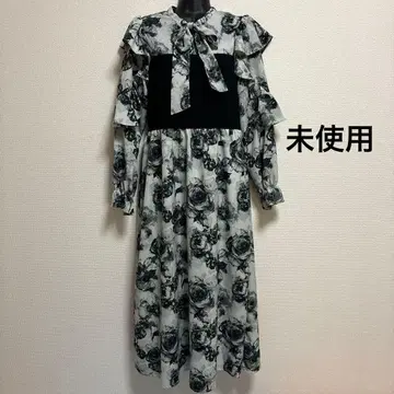 미사용 레트로 꽃무늬 리본 프릴 롱 원피스 엑시즈팜