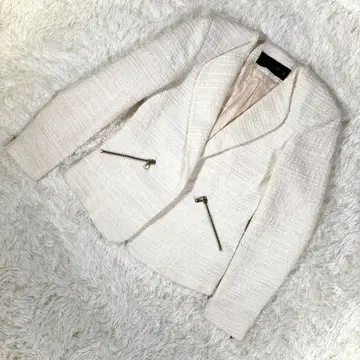 자라 [ XS ] 트위드 자켓 지퍼 포함 화이트 스페인산 라메사 혼방