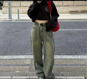 SNS에서 화제, 반짝이는 데님 오로라 큐빅 빈티지 루즈 데님 팬츠