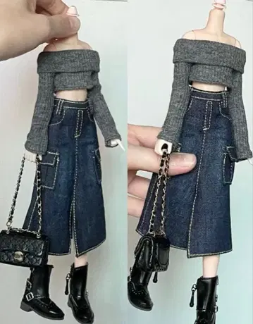 브라이스 아이시돌 오프숄더 스웨터와 데님 스커트 세트