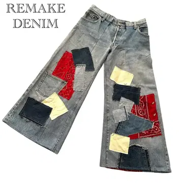 리메이크 와이드 레그 데님 팬츠 패치워크 와이드 팬츠 플레어 초와이드