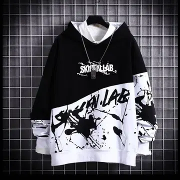 후드티 남성용 캐주얼 후드 부착 흑백