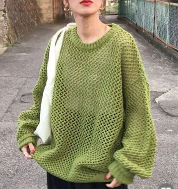 NUGU 피스타치오 그린 메쉬 니트 스웨터 긴팔 FLOWS
